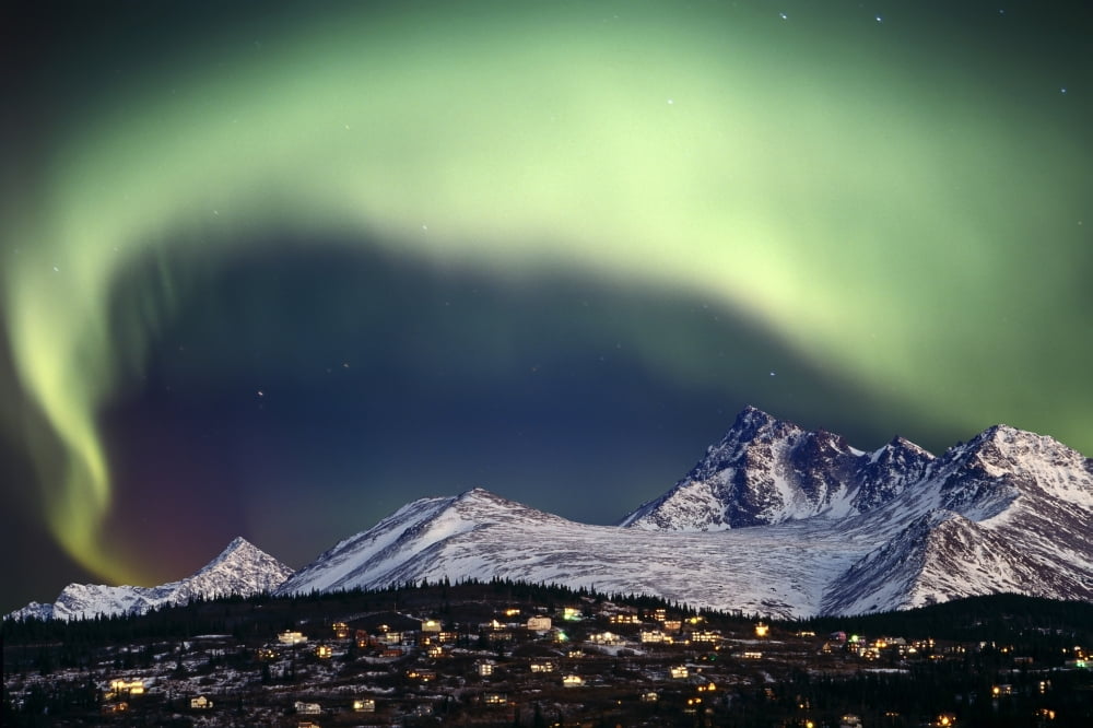 Composite Aurora Borealis Over Hillside Neighborhood & Chugach Mountains Anchorage Alaska Canvas Art - Composite Image Design Pics (38 x 24)