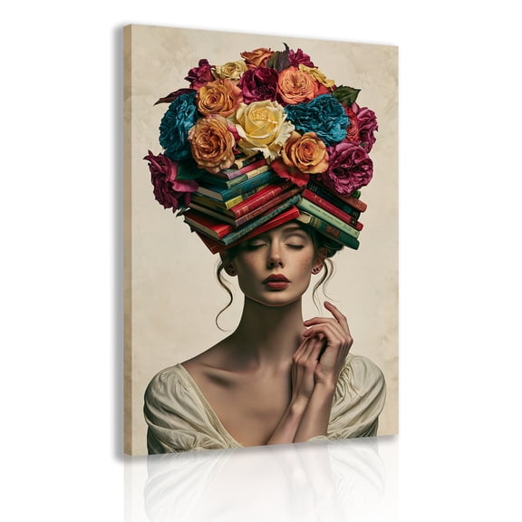 Composite Keyword Title: Surrealist Art Canvas with Wooden Frame — Woman Reading Amidst a Floral Wall (Home Decor Poster) | Artistic Illustration for Study, Office, or Library