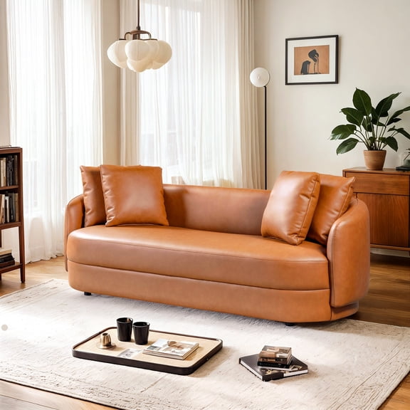Composite Leather Appearance - Basic Butt Wood Connection - Family Chatting - 3 - Seat Cognac Sofa
