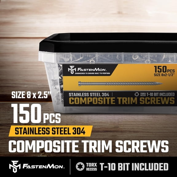 Composite Trim Screws, #8 x 2-1/2” Stainless Steel 304, 150pcs, Hidden Fastener for PVC & Wood, Outdoor Deck, & Exterior, Rust-Resistant, T-10 Star Drive, 1.1lbs