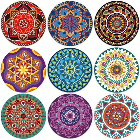 Composite Wood Board Cup Mats Set Mandala Pattern Printed Coasters Colorful 100x5mm 1pc/style 9 style 9pcs/set