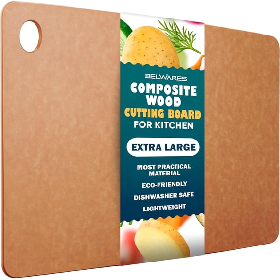 Composite Wood Cutting Board for Kitchen, Extra Large 18 x 12 Inch, Dishwasher Safe, Thin Rectangular Chopping Board, Natural, Belwares