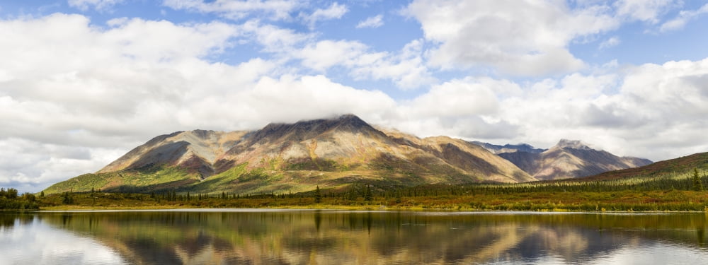 Composite panorama of the Clearwater Mountains and lake near Windy Creek along the Denali Highway in Southcentral Alaska Autumn Afternoon Canvas Art - Ray Bulson Design Pics (35 x 13)