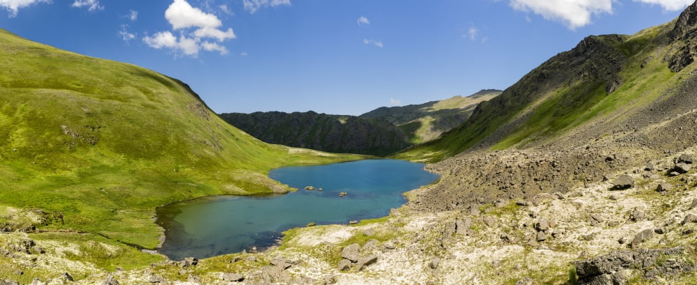 Composite panorama of Hanging Valley Tarn in South Fork Eagle River in Chugach State Park in Southcentral Alaska Summer Afternoon Canvas Art - Ray Bulson Design Pics (33 x 13)