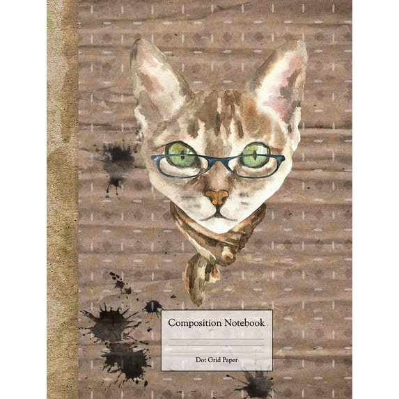 Composition Book - Dot Grid Paper: Cute Cat with Glasses and Grunge Background (Paperback)
