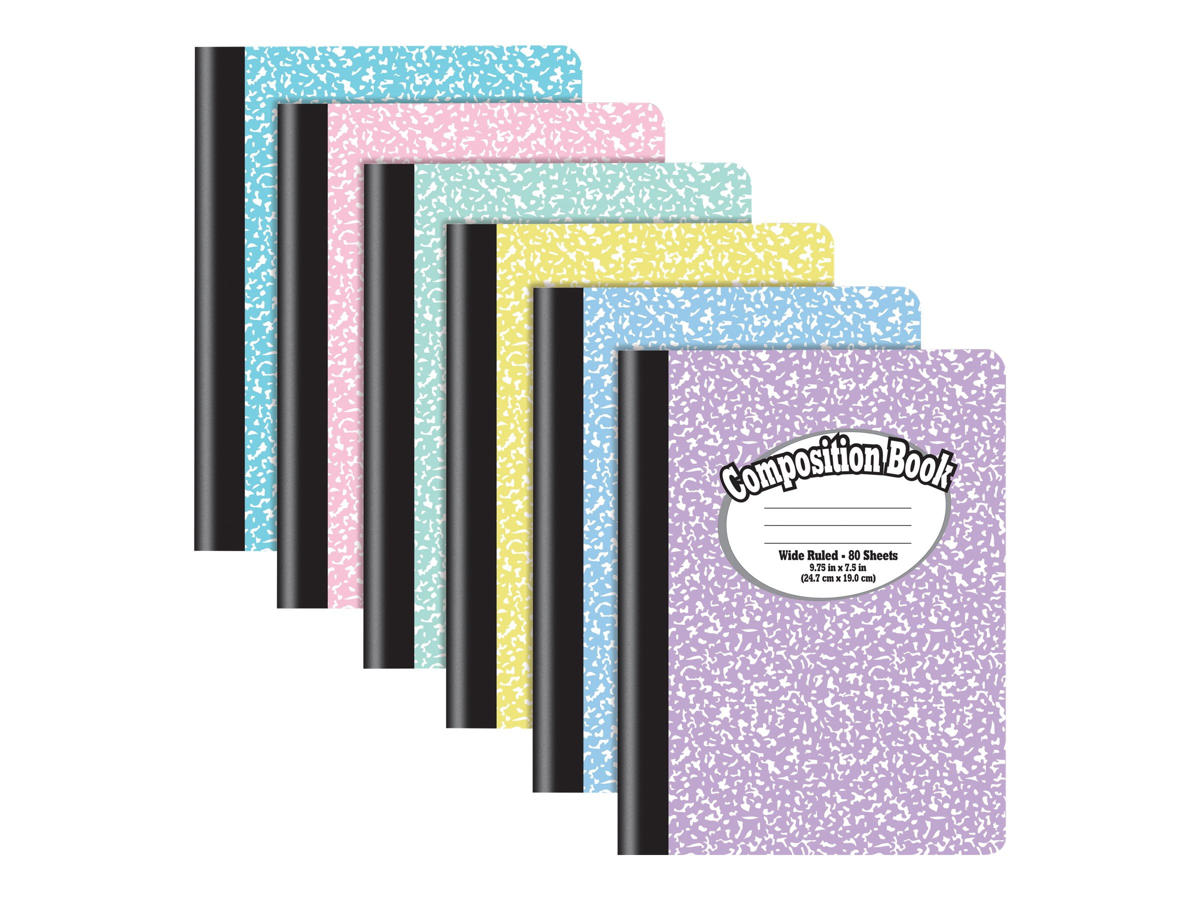 Composition Book - sewn and tape-bound - 80 sheets/160 pages - white paper  - wide - marble - pastel colors 