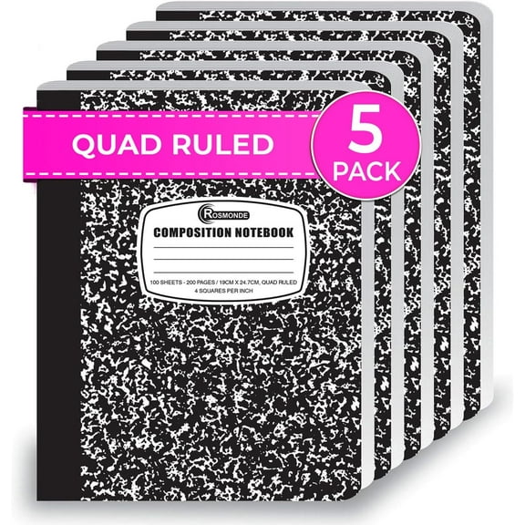 Graph Paper Composition Notebook, 5 Pack, 200 Pages (100 Sheets), Quad Ruled Notebooks, 4x4 Grid Marble, Sewn Hard Cover, 9-3/4 x 7-1/2