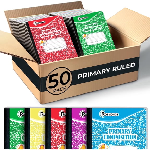 Rosmonde Composition Notebook Bulk, 50 Pack, Primary Ruled, 200 Pages (100 Sheets), Drawing and Writing Journal, Hard Cover, Assorted Colors, School & Office Supplies