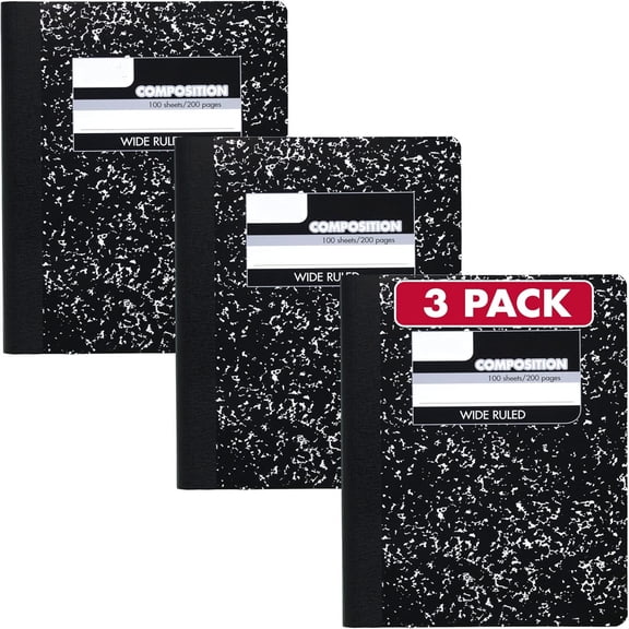 Composition Notebook, Wide Ruled Paper, 7.5" x 9.75", 100 Sheets, Black Marble, 3 Pack