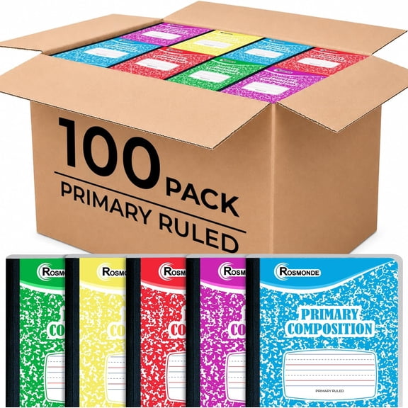 Composition Notebooks Primary Ruled 100 Pack, 200 Pages (100 Sheets), Color Marble Composition Notebook, Grades K-2, Bulk Primary Composition Notebook, Writing Dotted Lined