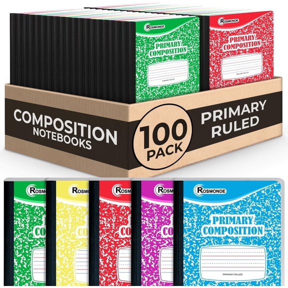 Composition Notebooks Primary Ruled 100 Pack, 200 Pages (100 Sheets), Color Marble Composition Notebook, Sewn Binding Hard Cover, Bulk Primary Composition Notebook, Writing Dotted Lined
