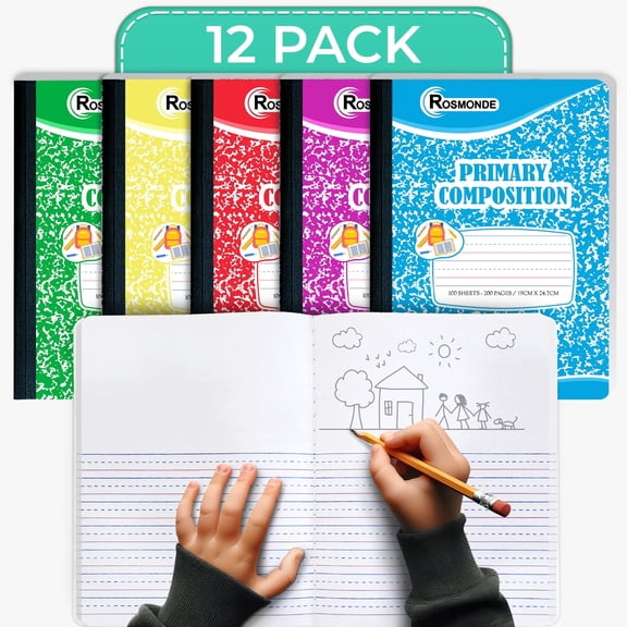 Rosmonde Primary Composition Notebooks 12 Pack, 200 Pages (100 Sheets), Draw & Write Journal, Primary Ruled for Grades K–2, 9.75 x 7.5 in, Hard Cover, Assorted Colors May Repeat