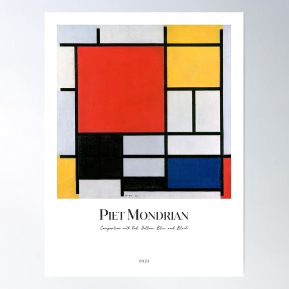 Composition With Red, Yellow, Blue, And Black With Text By Mondrian Poster Wall Art, Modern Wall Decor For Living Room Bedroom, 16x24 UNFRAMED