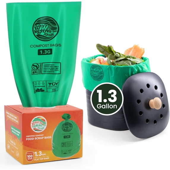 Compost Bags 1.3 Gallon,100 Count,Compostable Small Trash Bags for Kitchen Countertop Compost Bin 0.75, 1,1.2, 1.3Gallon,ASTM D6400, US BPI and Europe OK compost HOME certified