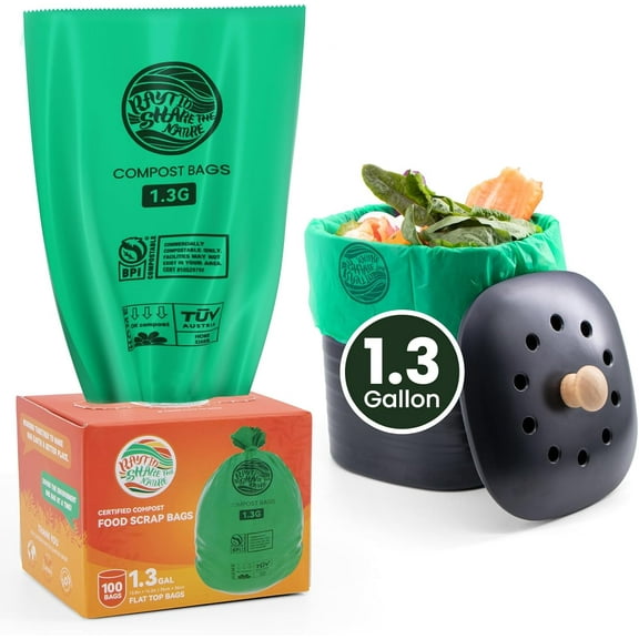 Compost Bags 1.3 Gallon,100 Count,Compostable Small Trash Bags for Kitchen Countertop Compost Bin 0.75, 1,1.2, 1.3Gallon,ASTM D6400, US BPI and Europe OK compost HOME certified