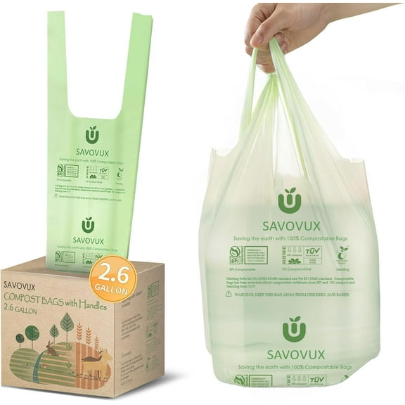 Compost Bags 2.6 Gallon,0.71 Mil Extra Thick Kitchen Food Scrap Bags with Handle, Compostable Trash Bags Small Certified by BPI &Europe OK Compost, 9.84L
