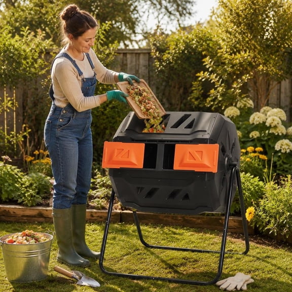 Compost Bin, 42.3-Gallon Outdoor Garden Composter with 360 Rotating Dual Chamber, Made of Steel and PP, Orange
