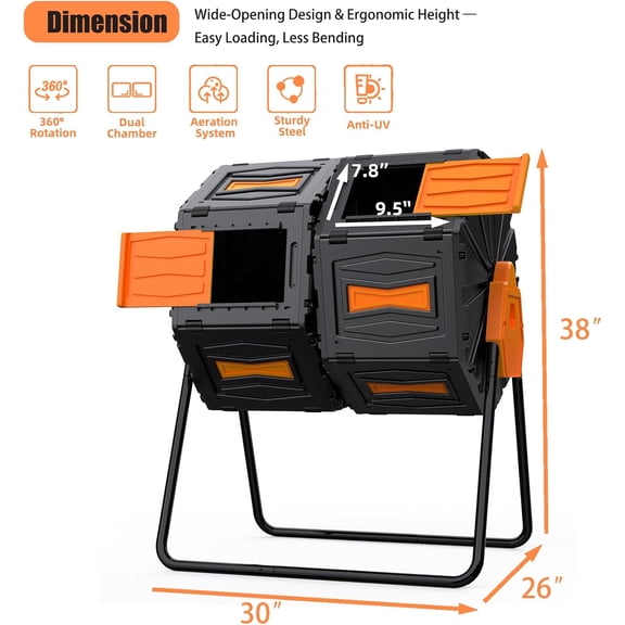 Compost Bin, 45 Gallon Dual Chamber Composter Tumbler, 360 Rotating Compost Bin Outdoor BPA-Free Fast-Working Tumbling Compost Barrel, Large Composting Bin Kitchen Garden Compost Tumbler