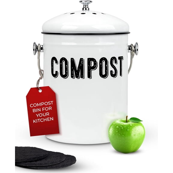 Compost Bin Kitchen Counter, 1.3 Gallon, 3 Charcoal Filters | Countertop Composter Pail with Lid, Stainless Steel Counter Top Bin, Rust-Free Farmhouse Indoor Compost Bucket, White Oval