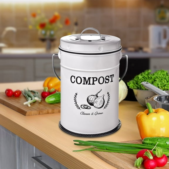 Compost Bin Kitchen Counter,Countertop Compost Bin with Lid,Indoor Kitchen Compost Bin,Countertop Composter Container,Compost Pail Food Waste Bin for Kitchen,1.0 Gallon,White