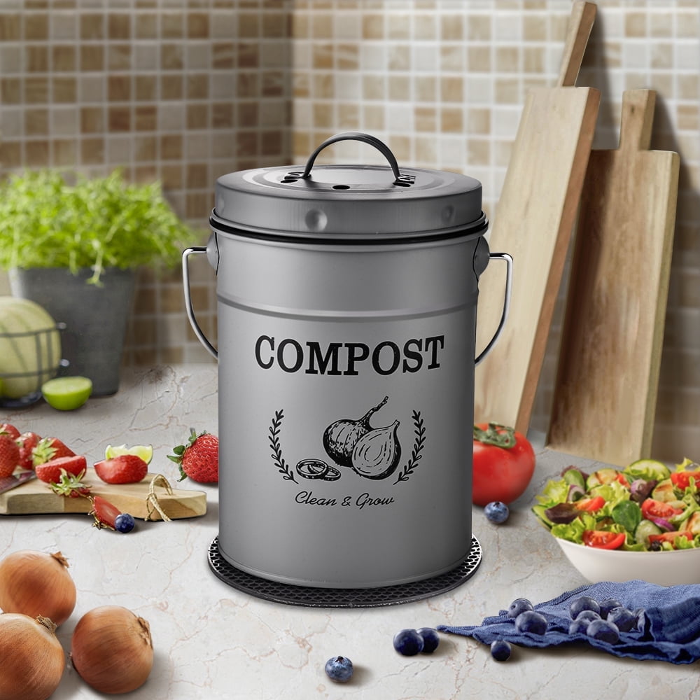 1.0 Gallon Grey Kitchen Countertop Compost Bin with Lid