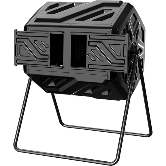 Compost Bin Outdoor Composter, Fast Assembly 43 Gallon Dual Chamber Outdoor Compost Tumbler, Heavy Duty Tumbling Rotating Composter for Patio, Garden,Yard, Black, Easy Setup, Gloves Included