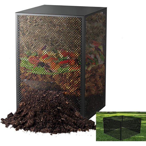 Compost Bin Outdoor with Lid - Large 93/130 Gal Composter 2-in-1 Design, Heavy-Duty Galvanized Steel Perforated Sheet Rust-Proof Coating, Versatile Fence, for Garden, Yard & Kitchen Waste