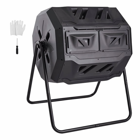 Compost Bin Tumbler, 43 Gal Dual Chamber Composter - Rotating Outdoor Tumbling Composter with Sliding Doors & Steel Frame - Garden, Yard, Kitchen Compost - Green Life