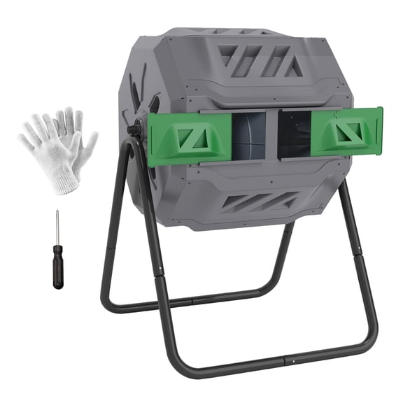 Compost Bin Tumbler 43 Gallon, Outdoor Rotating Compost Bin 360 Dual Chamber, Light Gray Garden Composter with Gloves & Screwdriver