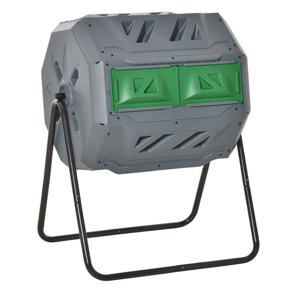 Compost Bin Tumbler 43 Gallon, Outdoor Rotating Compost Bin Dual Chamber 360 Compostor, Light Gray