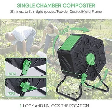 Compost Bin Tumbling Composter Rotating w/Sliding Doors Compost Bin, Single Chamber Heavy Duty Outdoor Gardening Composting Tumblers Garden Yard (18.5 Gallon, Black)