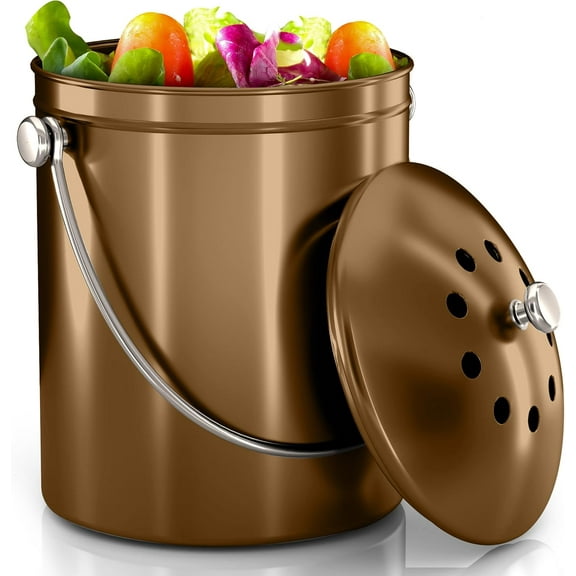 Compost Bin for Kitchen Countertop, 1 Gallon Compost Bucket for Kitchen with Lid, Includes 1 Spare Charcoal Filter (Silver)