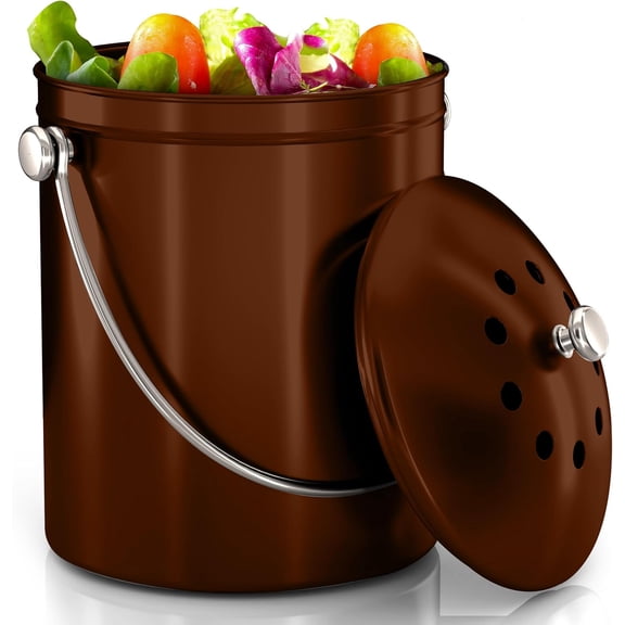 Compost Bin for Kitchen Countertop, 1 Gallon Compost Bucket for Kitchen with Lid, Includes 1 Spare Charcoal Filter (Silver)