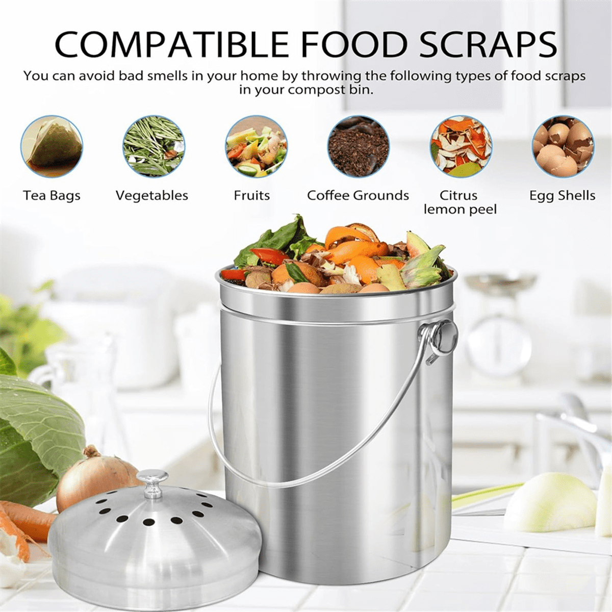 Compost Bucket for Kitchen Countertop,1.3 Gallon Stainless Steel