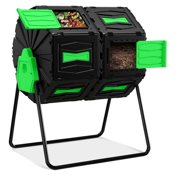 Compost , Easy Assemble & Efficient Outdoor Compost Bin, 45 Gallon/170 Liter Large Dual Chamber Rotating Composter for Garden, Kitchen, and Yard Waste, Green Door