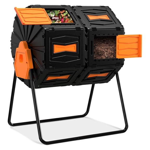 Compost , Easy Assemble & Efficient Outdoor Compost Bin, 45 Gallon/170 Liter Large Dual Chamber Rotating Composter for Garden, Kitchen, and Yard Waste, Orange Door