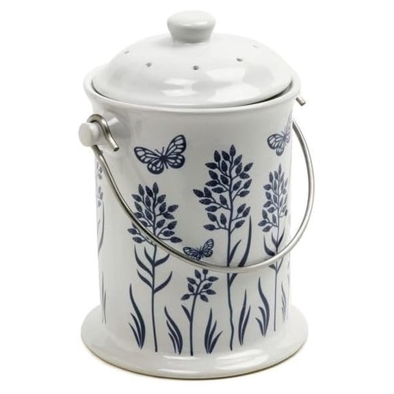 Compost Keeper Ceramic - Floral Blue Kitchen Countertop Food Scrap Bin 3qt - Odor Control Filter - Garden & Vegetable Waste Container
