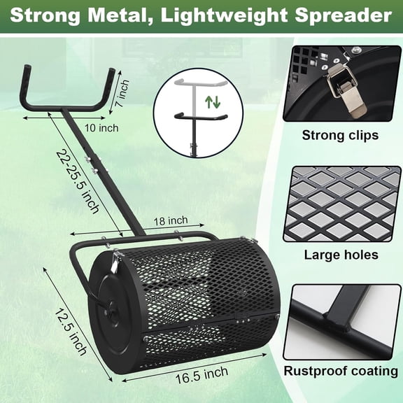 Compost Spreader, 16.5 Inch Roller Peat Moss Lawn Spreader with U Shaped Handle