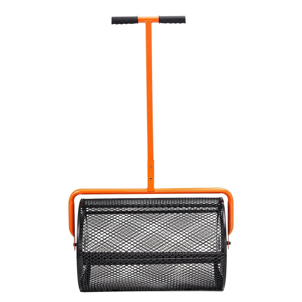Compost Spreader, 24.4-25.6" Height Adjustable Handle, 24" Wide, Lawn and Garden Peat Moss Roller with Side Latches, Powder Coated Steel Mesh Basket for Spreading Manure, Topsoil, Black