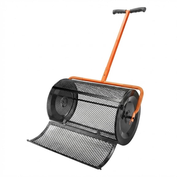 Compost Spreader, 24.4-25.6" Height Adjustable Handle, 24" Wide, Lawn and Garden Peat Moss Roller with Side Latches, Powder Coated Steel Mesh Basket for Spreading Manure, Topsoil, Black