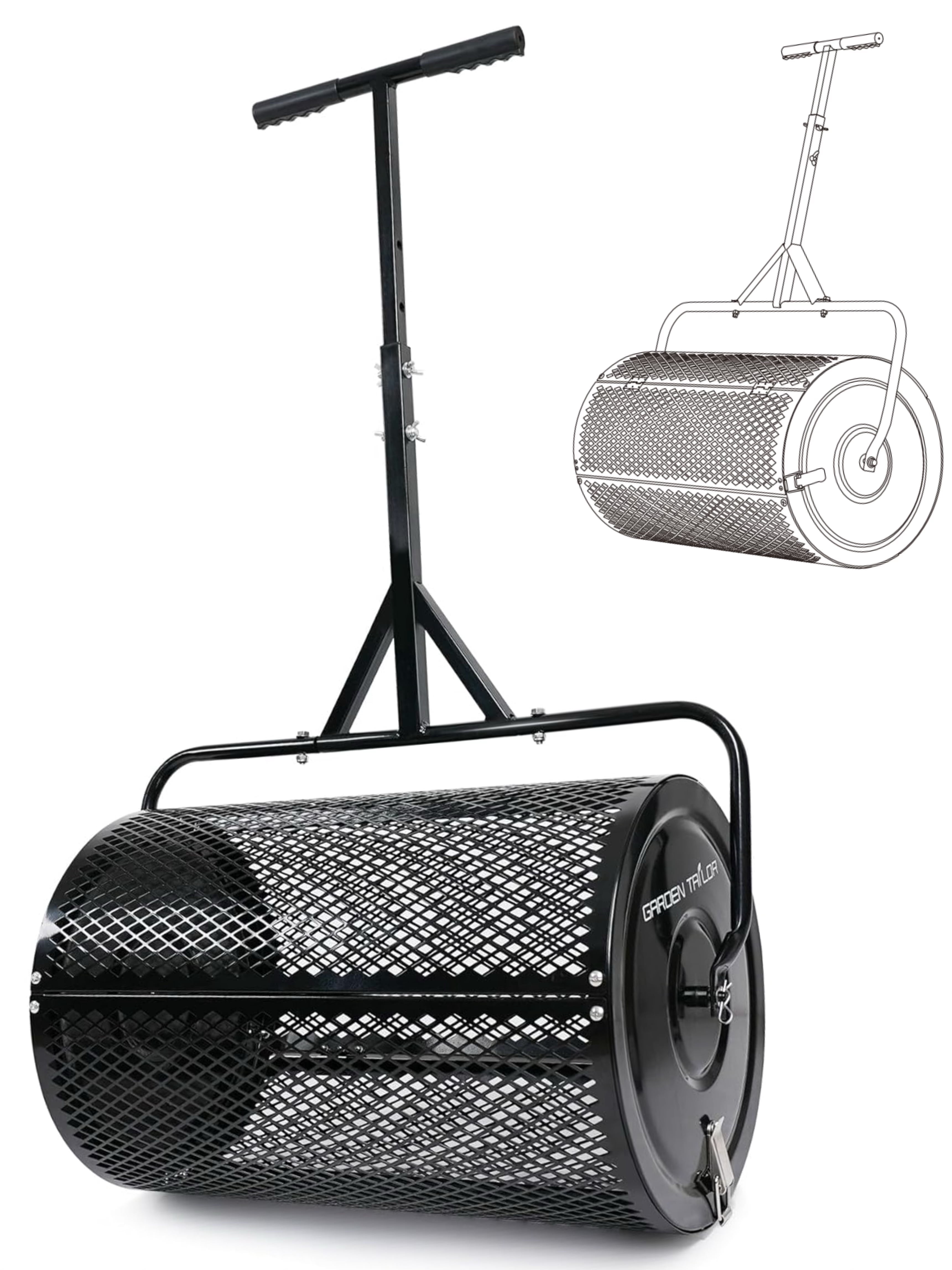 Compost Spreader 24 Inch Peat Moss Spreader with Installation Support Accessories, Metal Mesh Roller Lawn Spreader for Top Soil, Manure, Mulch, Top Dressing - Garden spreaders for lawns