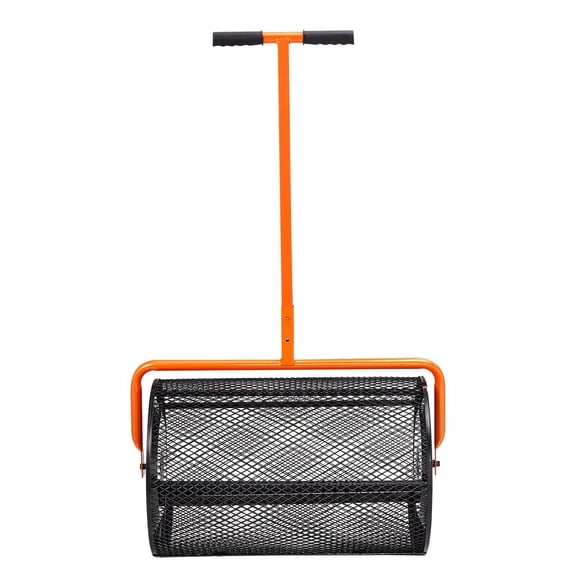 Compost Spreader Adjustable Handle 24.4-25.6 Inches 24 Inch Width Lawn Garden Peat Moss Roller Side Locks Powder Coated Steel Mesh Basket for Manure Topsoil Black