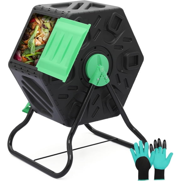 Compost Tumbler, 17 Gallon Single Chamber Outdoor Rotating Composter Bin with Gloves, Easy-Turn BPA-Free Plastic Compost Barrel for Backyard Garden, Patio, Kitchen Food Waste