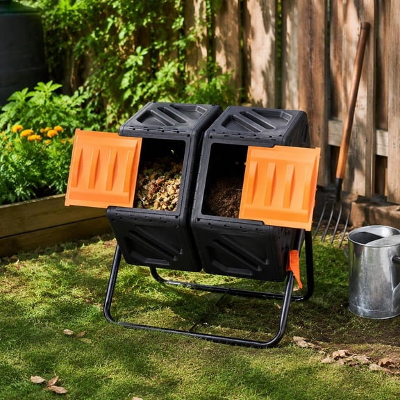Compost Tumbler, 37 Gallon Dual Chamber, 360 Rotating, Outdoor Composter Bin with Sliding Doors and Steel Frame