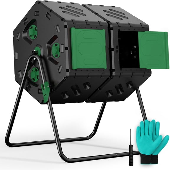 Compost Tumbler 45 Gallon/170L, Easy-Assemble Dual Chamber Compost Bin Outdoor, 360Rotating Large Composter for Outside, Backyard, Garden, Gifts for Seasoned Gardeners & Beginners-Green