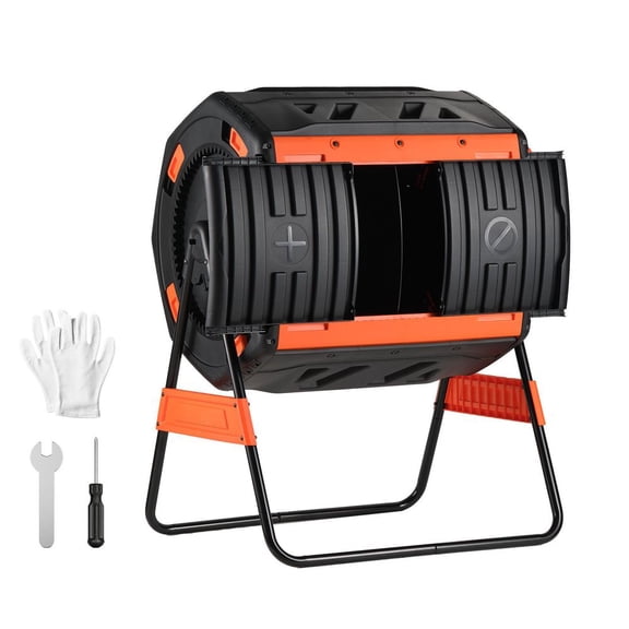 Compost Tumbler, 53 Gallon Dual Chamber Outdoor Tumbling Composter with 2 Sliding Doors and Aeration System, Large Easy-Turn Rotating Composting Bin for Outside, Garden, Kitchen, and Yard Waste