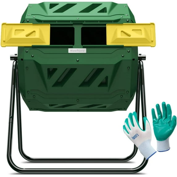 Dual Chamber Compost Tumbler Bin, 43 Gallon Capacity with Included Gardening Gloves