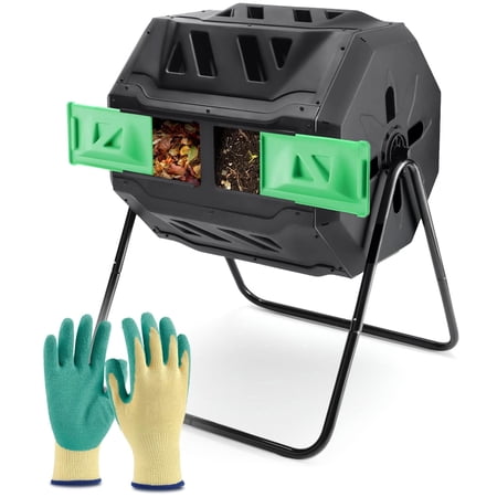 Plastic Prince Compost Tumbler Rotating Garden Compost Bin Outdoor Dual Chamber 43 Gallon Backyard Composter Tumbling Barrel Mixer Outside, Large, Green