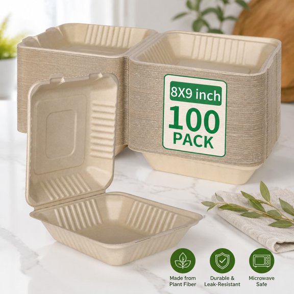 Compostable 1 Compartment 100 Pack 8×9 Inch Takeout Lunch Box Containers with Lid Eco-Friendly Biodegradable Bagasse Disposable To Go Clamshell