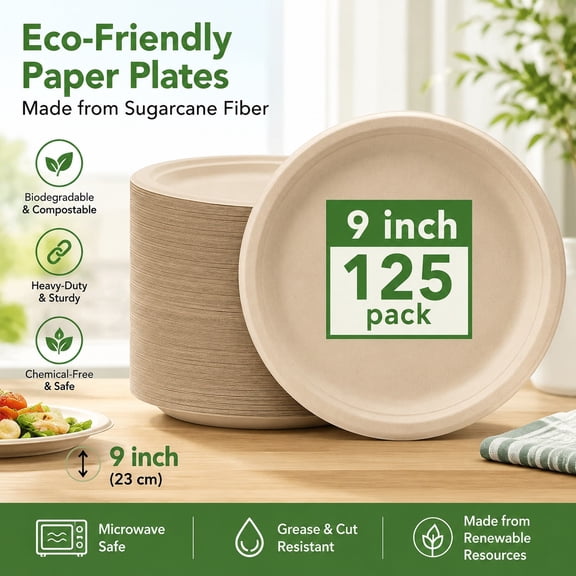 Compostable 10 Inch Paper Plates 500 Pack, Heavy Duty Disposable Biodegradable Dinner Plates, Natural Sugarcane Fiber, Unbleached Brown Round Plates